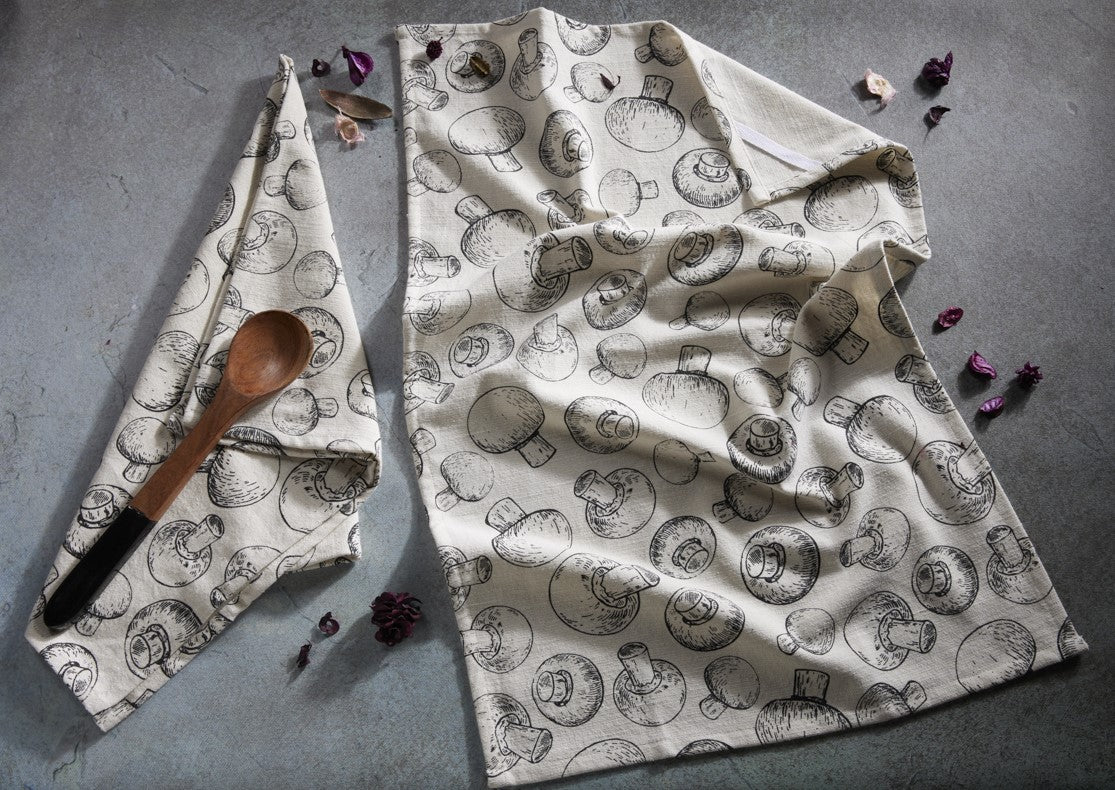 Premium Cotton Printed Towels - Mushroom Print Set of 2 Kitchen Towels - 100 % Cotton - Ivory / Black